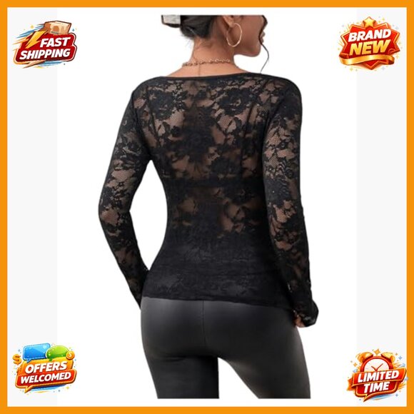 Floral Embroidery Mesh Lace V-Neck Long Sleeve Blouse Sheer Top - Picture 2 of 6